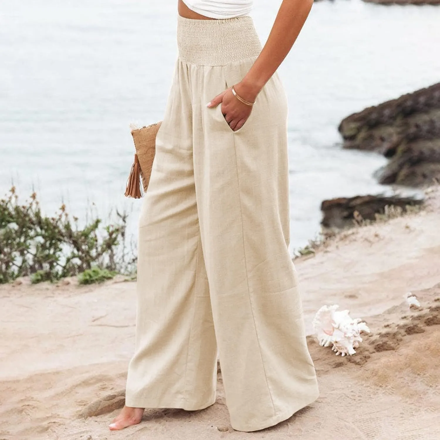 Linen Palazzo Pants for Women 2025 Summer Casual Loose Wide Leg Lounge Pant Beach Travel Vacation Outfits