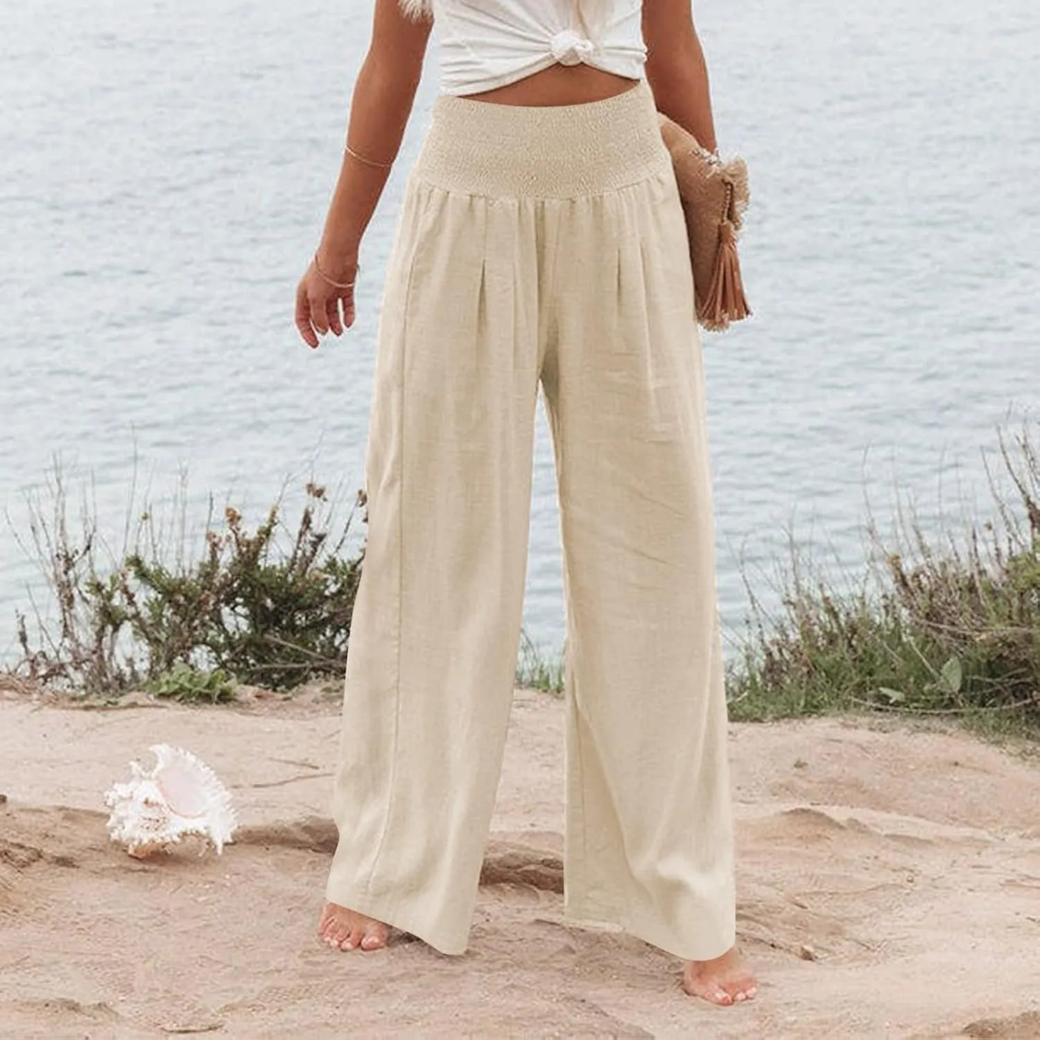 Linen Palazzo Pants for Women 2025 Summer Casual Loose Wide Leg Lounge Pant Beach Travel Vacation Outfits