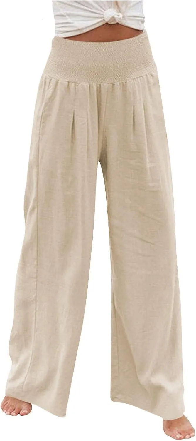 Linen Palazzo Pants for Women 2025 Summer Casual Loose Wide Leg Lounge Pant Beach Travel Vacation Outfits