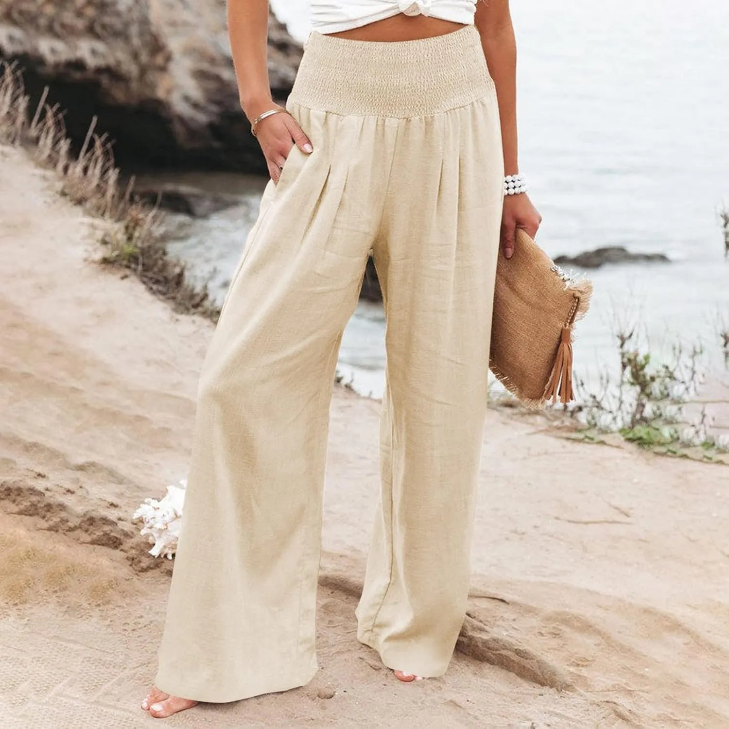 Linen Palazzo Pants for Women 2025 Summer Casual Loose Wide Leg Lounge Pant Beach Travel Vacation Outfits