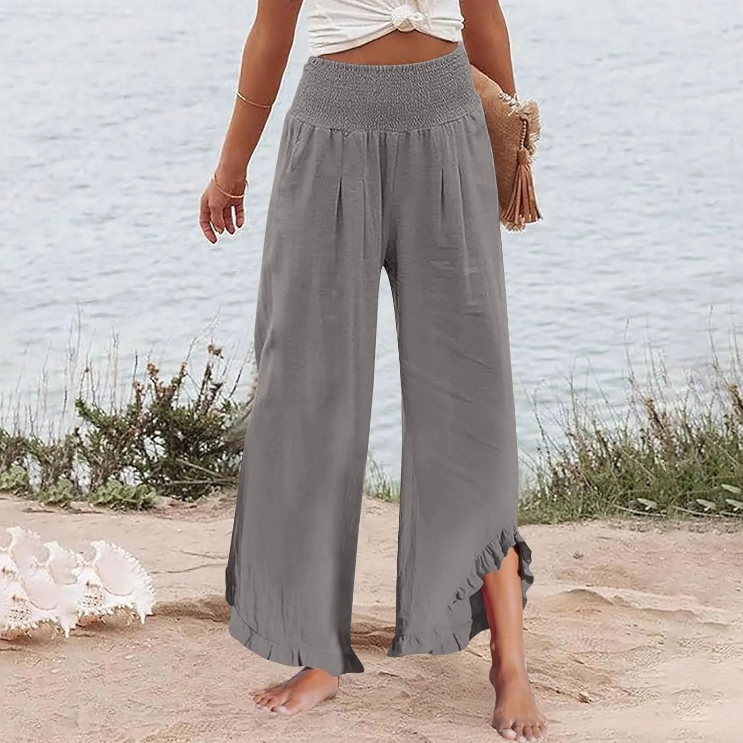 Linen Palazzo Pants for Women Casual Smocked Waisted Ruffle Hem Wide Leg Pants Summer Loose Beach Pant with Pockets
