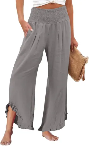 Linen Palazzo Pants for Women Casual Smocked Waisted Ruffle Hem Wide Leg Pants Summer Loose Beach Pant with Pockets