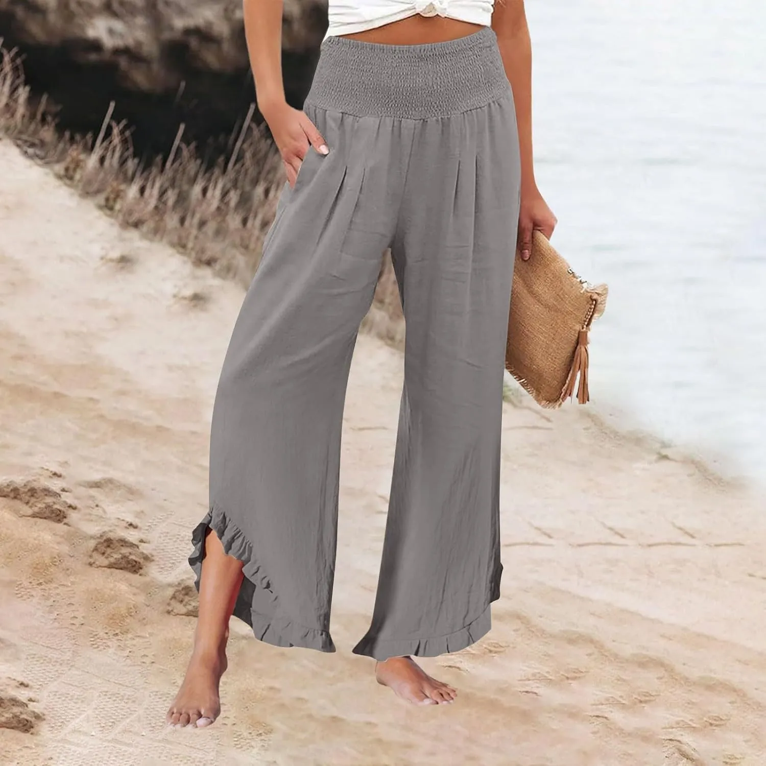 Linen Palazzo Pants for Women Casual Smocked Waisted Ruffle Hem Wide Leg Pants Summer Loose Beach Pant with Pockets