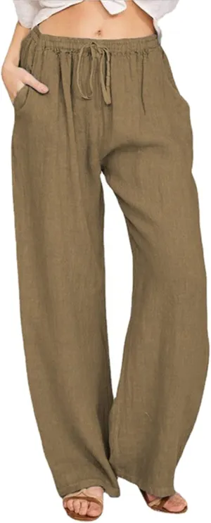 Linen Palazzo Pants for Women Drawstring Casual Elastic Waist Trousers Flowy Wide Leg Pants Summer Outfits 2025 Trendy