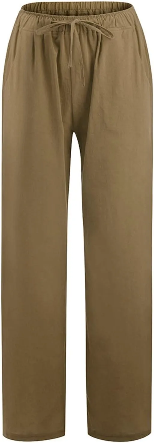 Linen Palazzo Pants for Women Drawstring Casual Elastic Waist Trousers Flowy Wide Leg Pants Summer Outfits 2025 Trendy