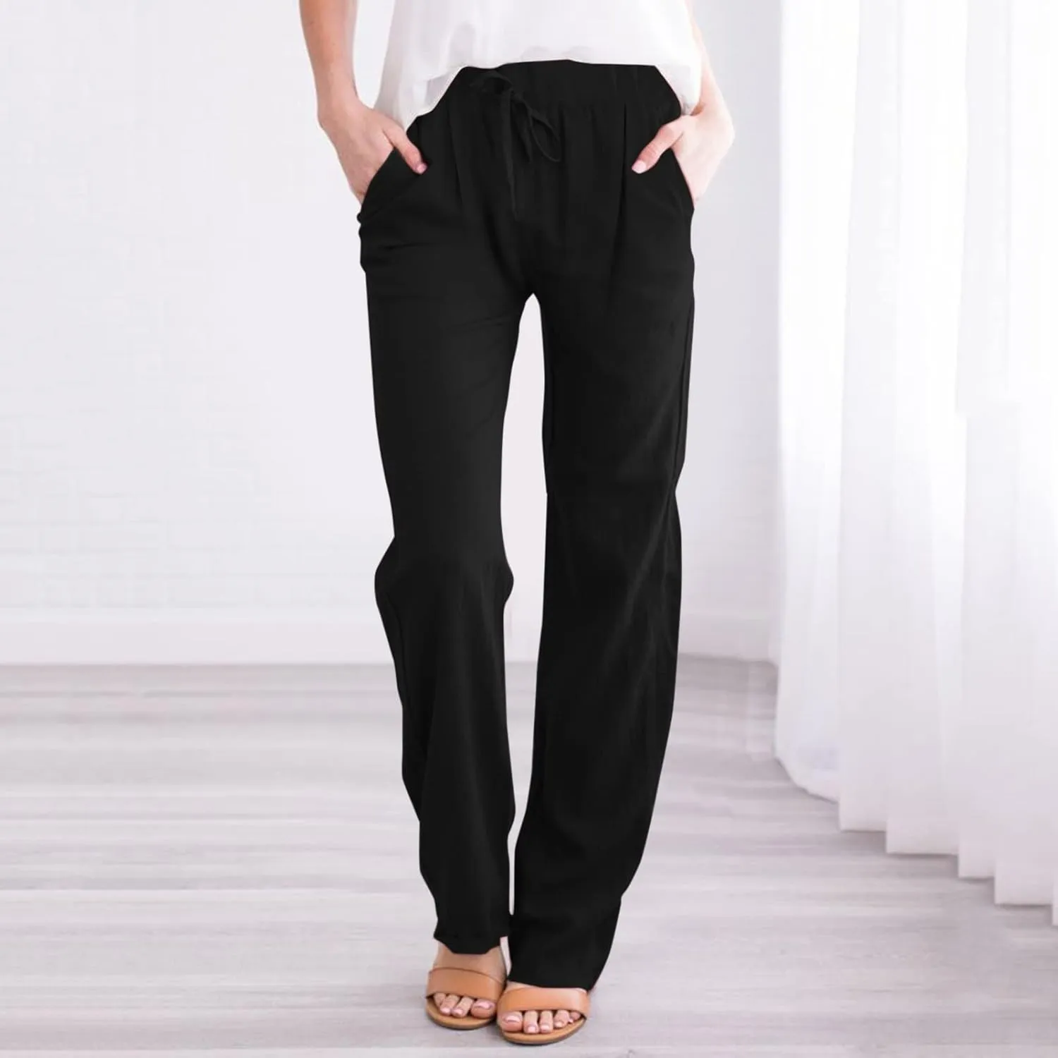 Linen Pants for Women Beach Vacation Elastic Waist Drawstring Trousers Pant Gauze Loose 2025 Casual Summer Clothes
