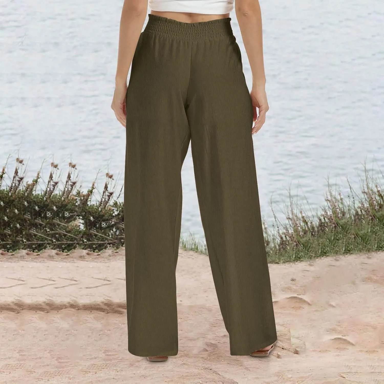 Linen Pants Women 2025 Summer - Casual Beach Palazzo Trousers for Women Elastic Drawstring with Pockets Pants