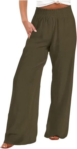 Linen Pants Women 2025 Summer - Casual Beach Palazzo Trousers for Women Elastic Drawstring with Pockets Pants