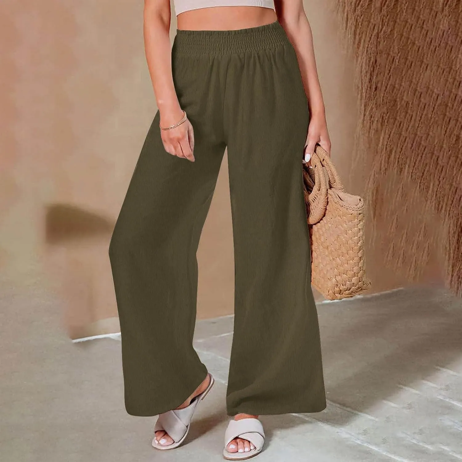 Linen Pants Women 2025 Summer - Casual Beach Palazzo Trousers for Women Elastic Drawstring with Pockets Pants