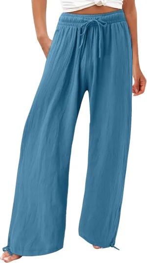 Linen Pants Women 2025 Summer Drawstring Elastic High Waist Baggy Beach Pants Wide Leg Flowy Pants with Pockets