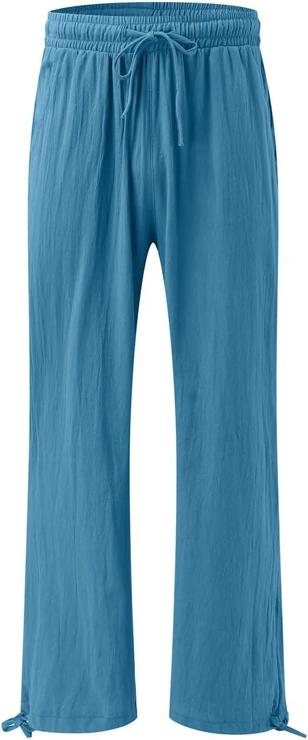 Linen Pants Women 2025 Summer Drawstring Elastic High Waist Baggy Beach Pants Wide Leg Flowy Pants with Pockets
