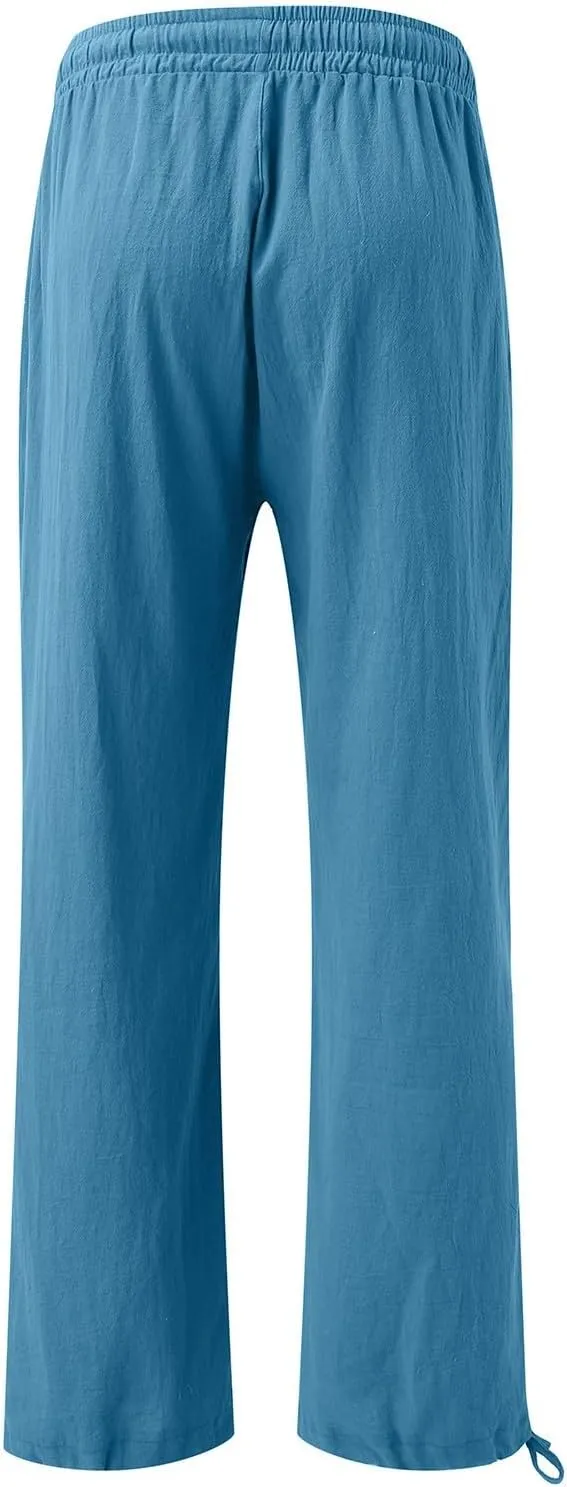 Linen Pants Women 2025 Summer Drawstring Elastic High Waist Baggy Beach Pants Wide Leg Flowy Pants with Pockets