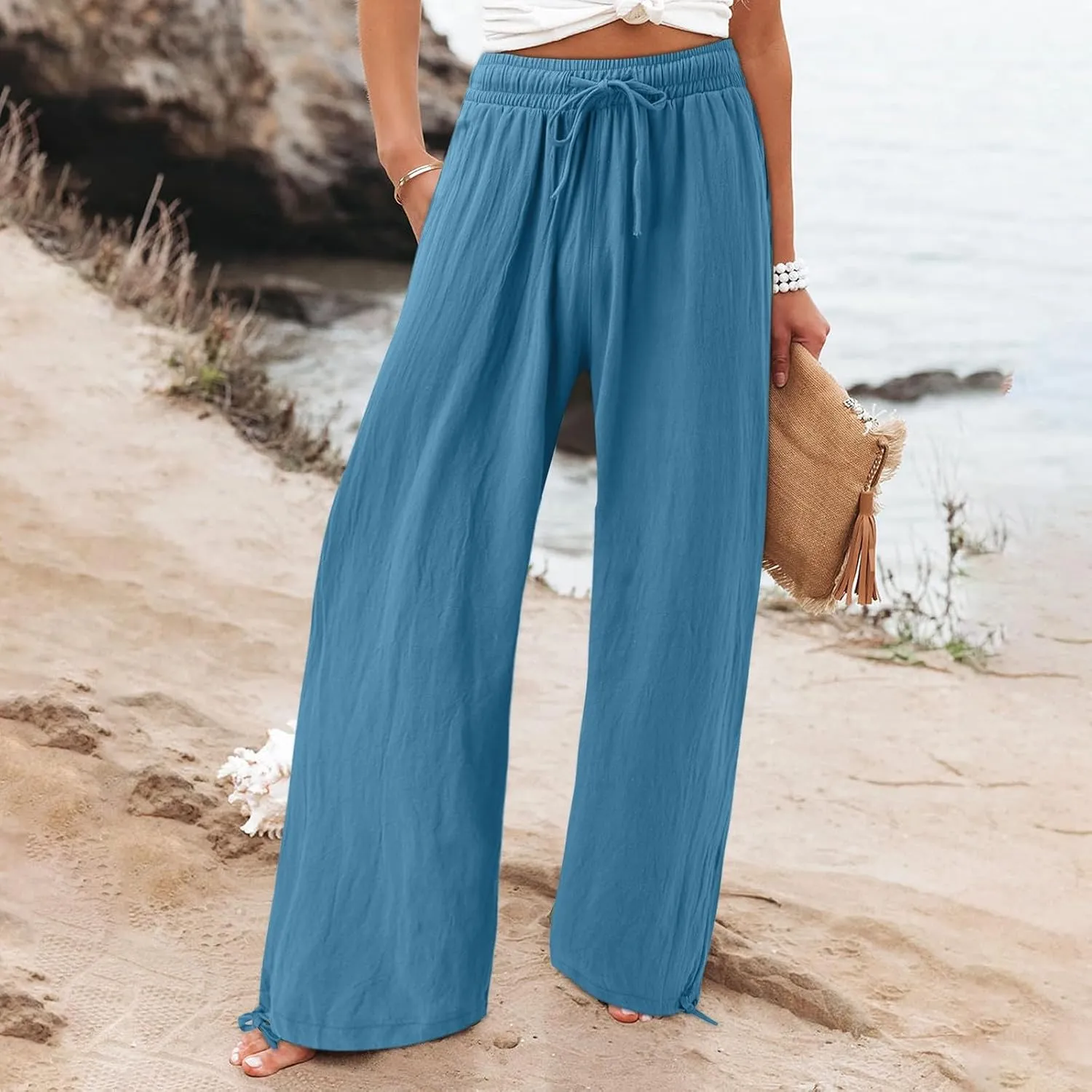 Linen Pants Women 2025 Summer Drawstring Elastic High Waist Baggy Beach Pants Wide Leg Flowy Pants with Pockets