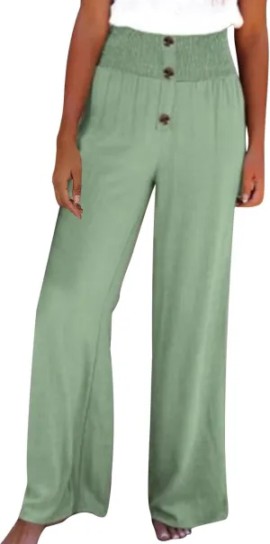 Linen Pants Women Casual High Waist Wide Leg Straight Dress Cotton Linen Pants Button Trousers Linen Loose Beach Pants