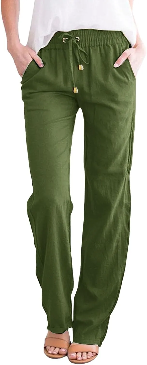 Linen Pants Women Casual Summer Beach Breathable Trousers Cotton Linen Drawstring Elastic Waist Tapered Pants with Pockets