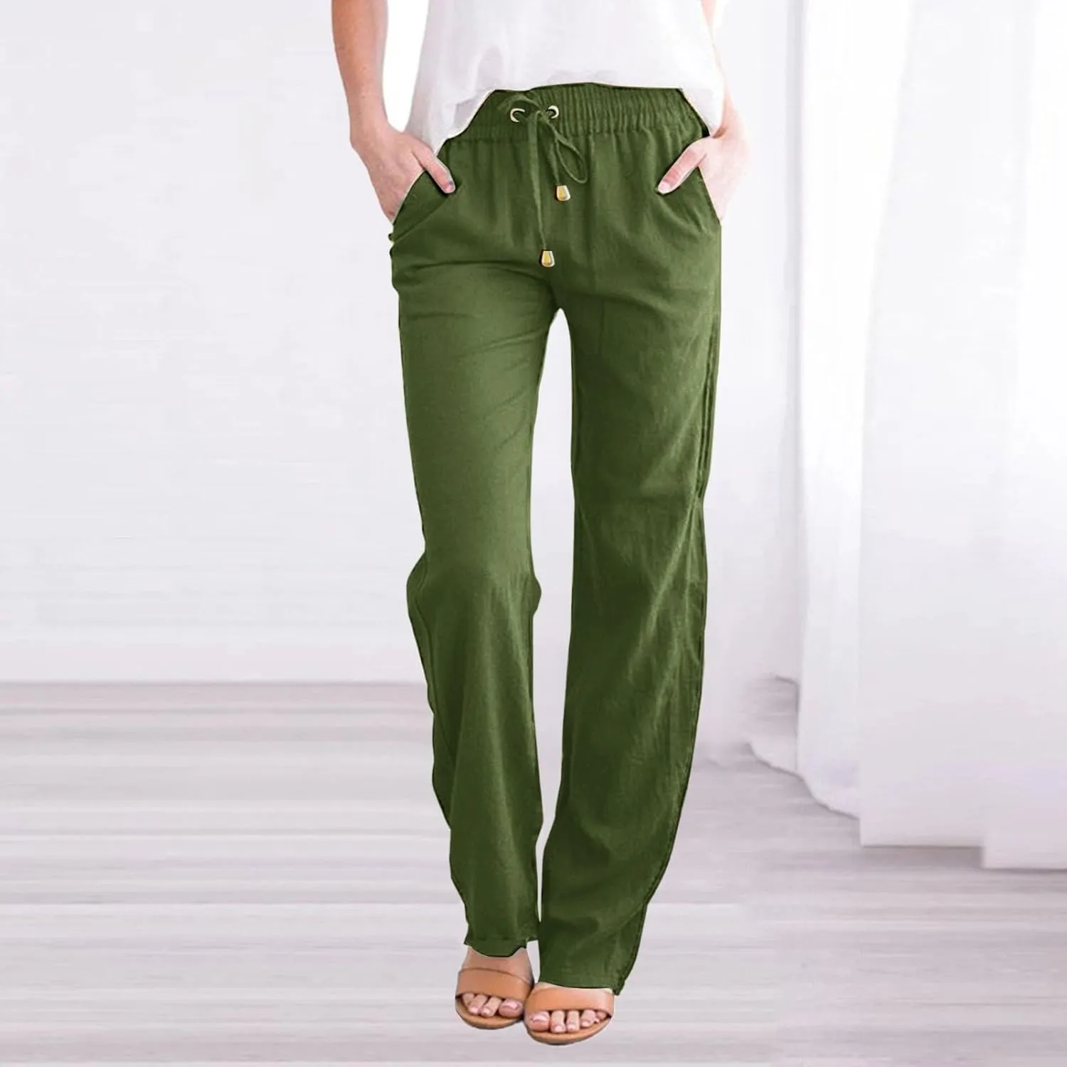 Linen Pants Women Casual Summer Beach Breathable Trousers Cotton Linen Drawstring Elastic Waist Tapered Pants with Pockets
