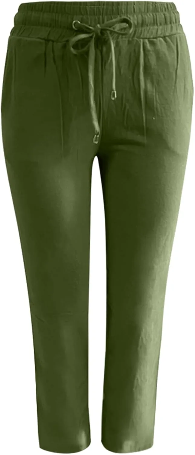 Linen Pants Women Casual Summer Beach Breathable Trousers Cotton Linen Drawstring Elastic Waist Tapered Pants with Pockets
