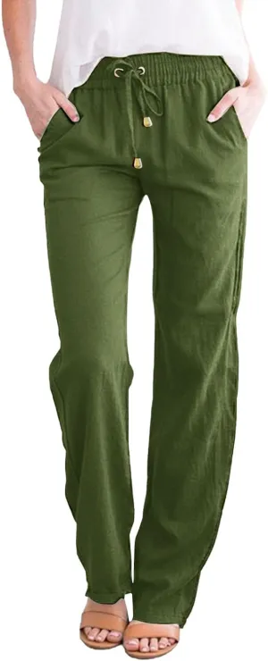 Linen Pants Women Casual Summer Beach Breathable Trousers Cotton Linen Drawstring Elastic Waist Tapered Pants with Pockets
