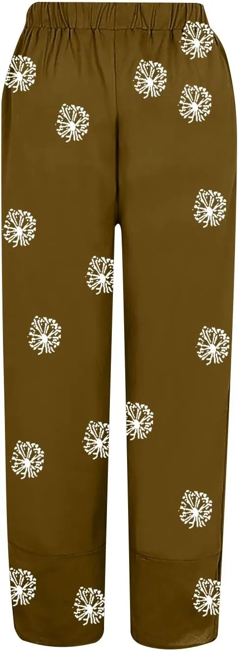 Linen Pants Women Casual Summer Cotton Cropped Tulip Pants Baggy Elastic Waisted Lounge Pants Trousers with Pockets