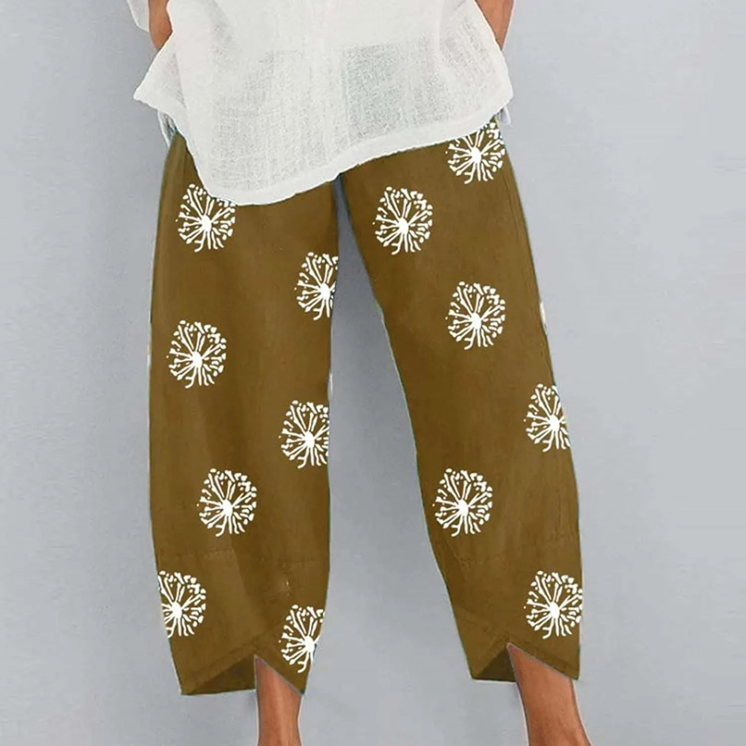 Linen Pants Women Casual Summer Cotton Cropped Tulip Pants Baggy Elastic Waisted Lounge Pants Trousers with Pockets