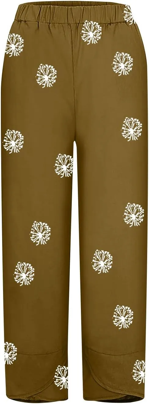 Linen Pants Women Casual Summer Cotton Cropped Tulip Pants Baggy Elastic Waisted Lounge Pants Trousers with Pockets