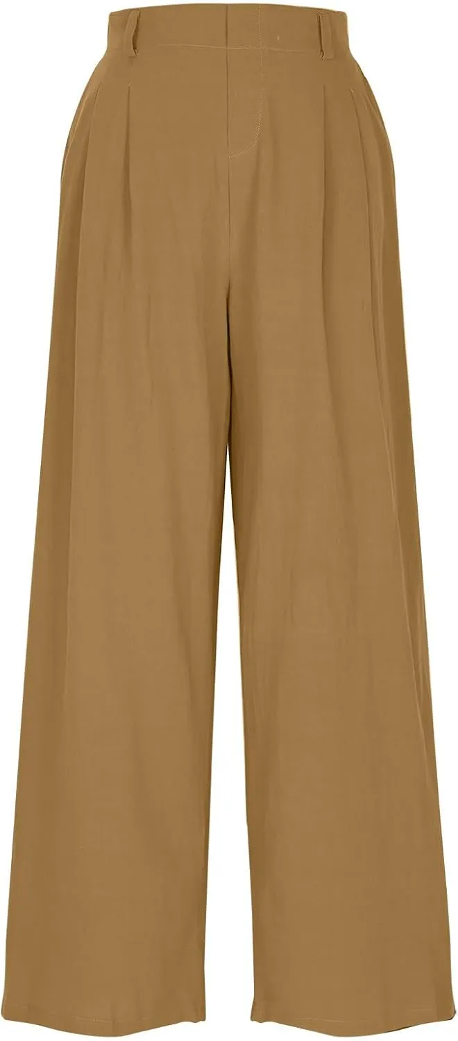 Linen Pants Women Casual Wide Leg Pleated Cropped Trouser Summer High Waist Lounge Palazzo Lightweight Beach Pants