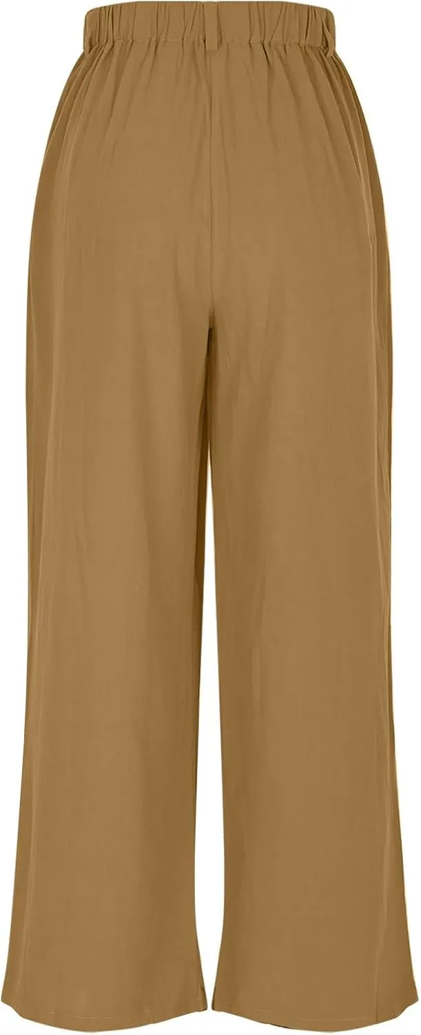 Linen Pants Women Casual Wide Leg Pleated Cropped Trouser Summer High Waist Lounge Palazzo Lightweight Beach Pants