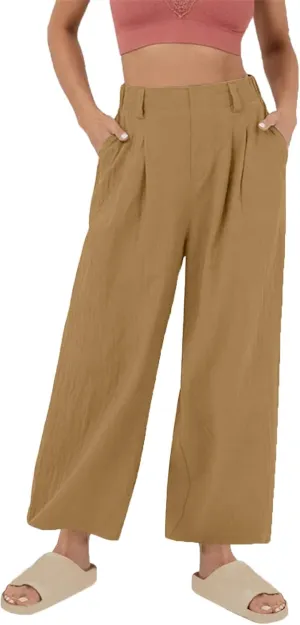 Linen Pants Women Casual Wide Leg Pleated Cropped Trouser Summer High Waist Lounge Palazzo Lightweight Beach Pants