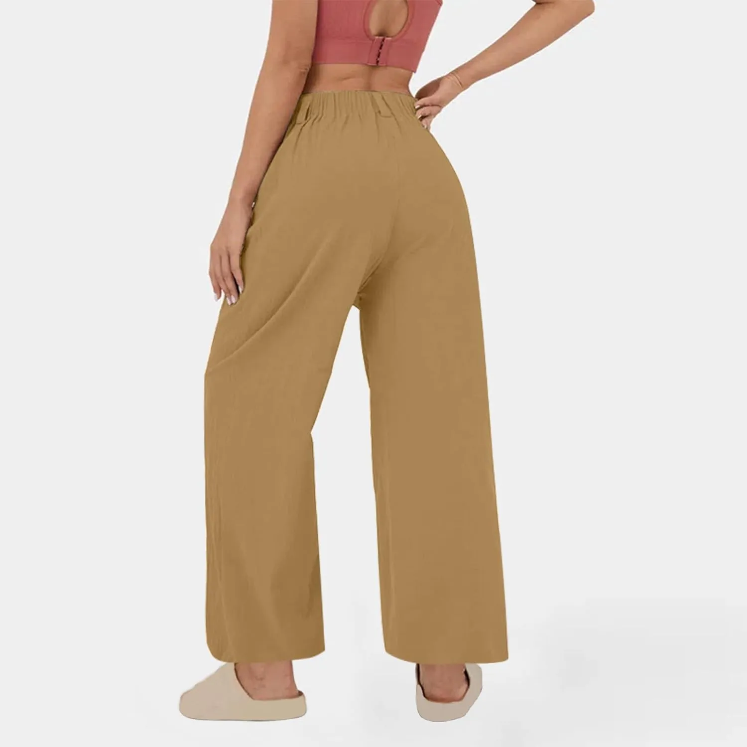 Linen Pants Women Casual Wide Leg Pleated Cropped Trouser Summer High Waist Lounge Palazzo Lightweight Beach Pants