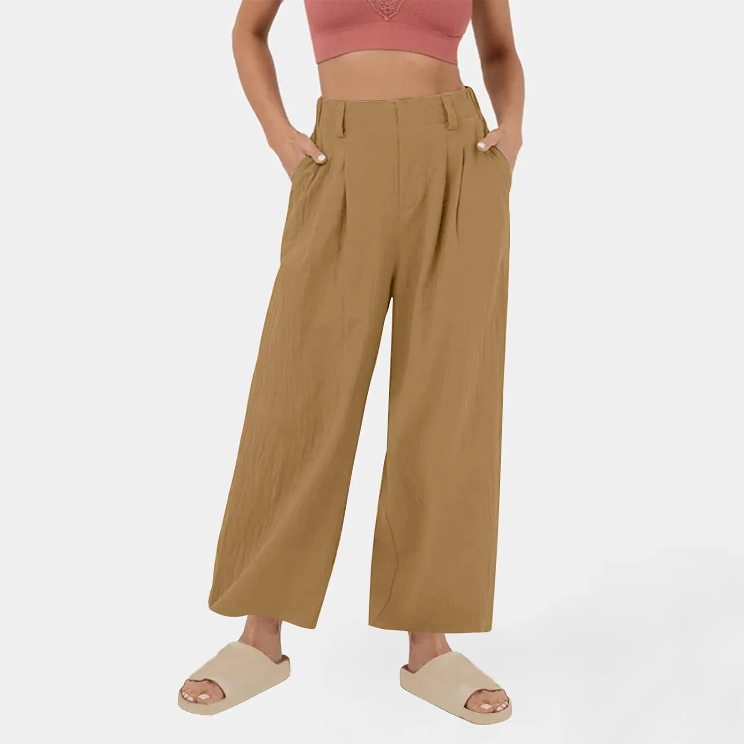 Linen Pants Women Casual Wide Leg Pleated Cropped Trouser Summer High Waist Lounge Palazzo Lightweight Beach Pants
