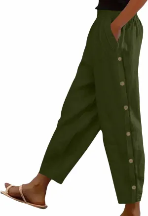 Linen Pants Women Plus Size Summer Side Button Elastic Waist Harem Pants Casual Loose Trousers Vacation Outfits