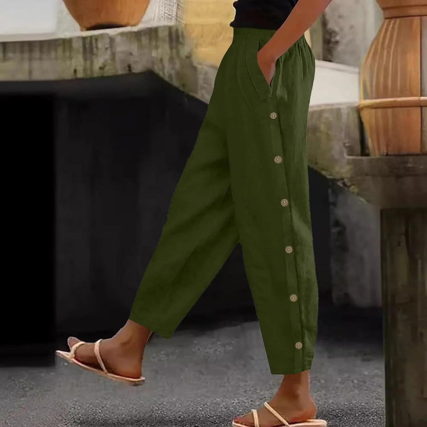 Linen Pants Women Plus Size Summer Side Button Elastic Waist Harem Pants Casual Loose Trousers Vacation Outfits