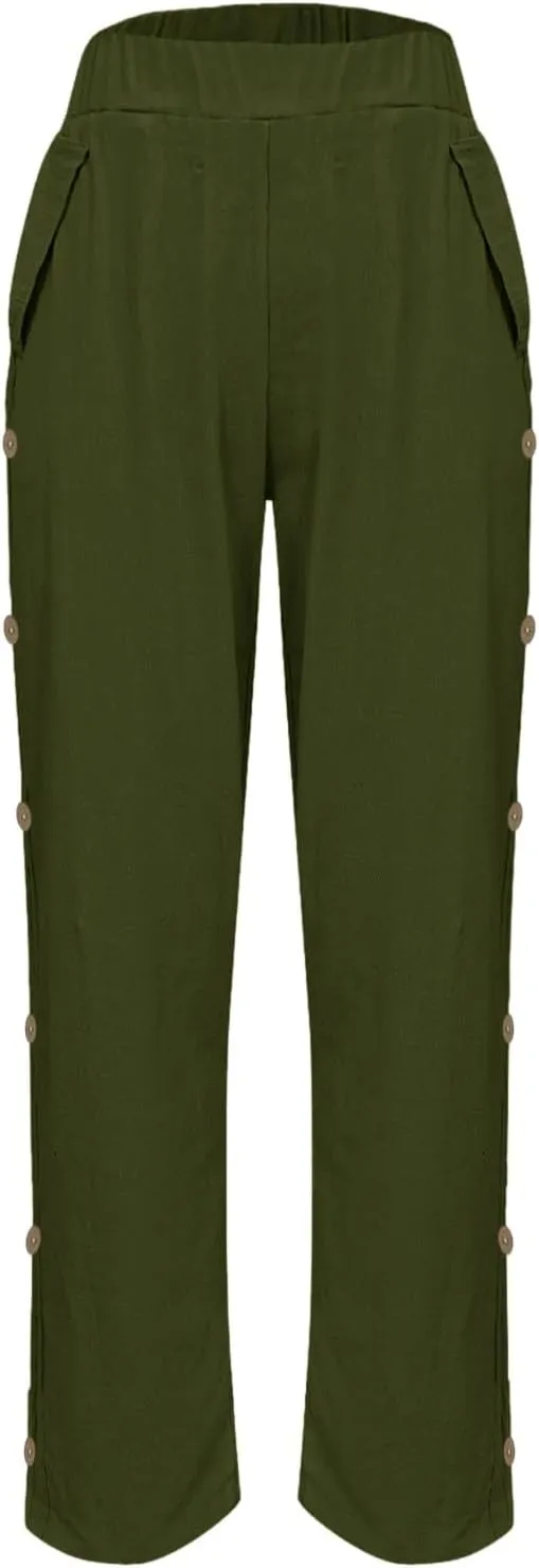 Linen Pants Women Plus Size Summer Side Button Elastic Waist Harem Pants Casual Loose Trousers Vacation Outfits