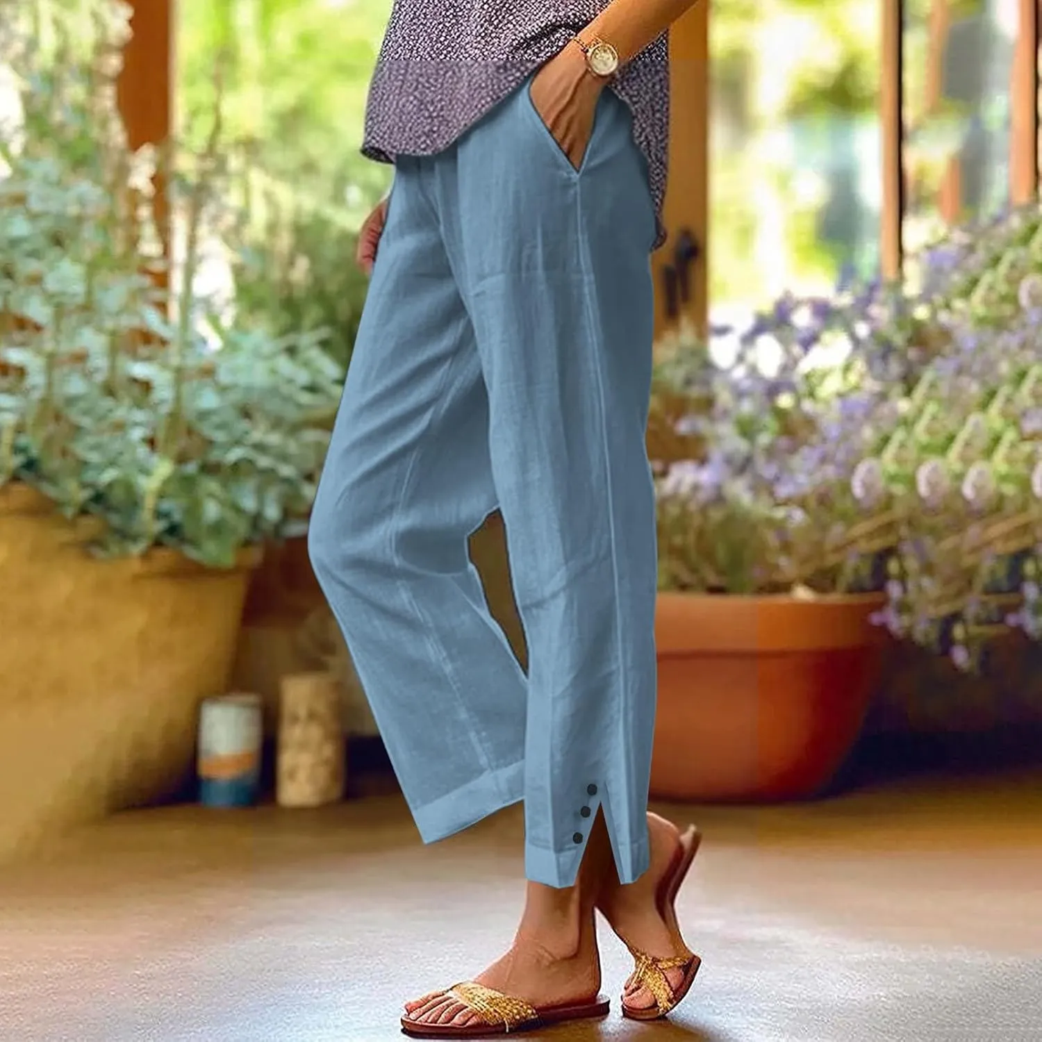 Linen Pants Women Solid Straight Elastic Pants Drawstring Lightweight Spring 2025 Summer Casual Slit Trouser Legs Pants