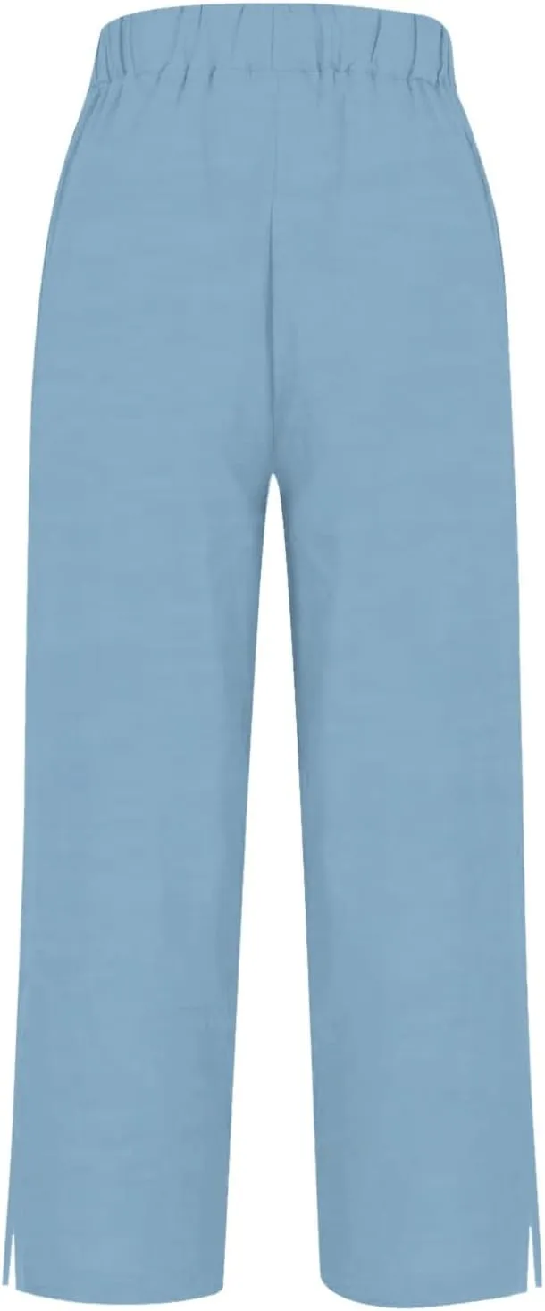 Linen Pants Women Solid Straight Elastic Pants Drawstring Lightweight Spring 2025 Summer Casual Slit Trouser Legs Pants