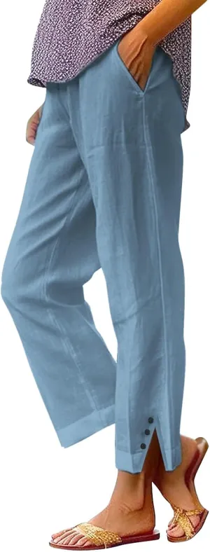Linen Pants Women Solid Straight Elastic Pants Drawstring Lightweight Spring 2025 Summer Casual Slit Trouser Legs Pants