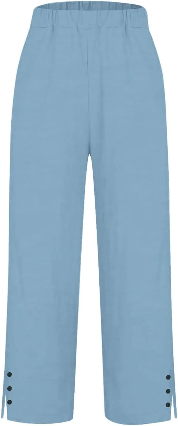 Linen Pants Women Solid Straight Elastic Pants Drawstring Lightweight Spring 2025 Summer Casual Slit Trouser Legs Pants
