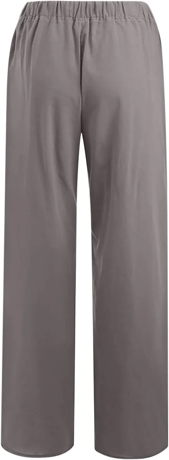 Linen Pants Women Summer Baggy Wide Leg Drawstring Cotton Pants High Waist Lounge Pants Casual Beach Palazzo Trousers