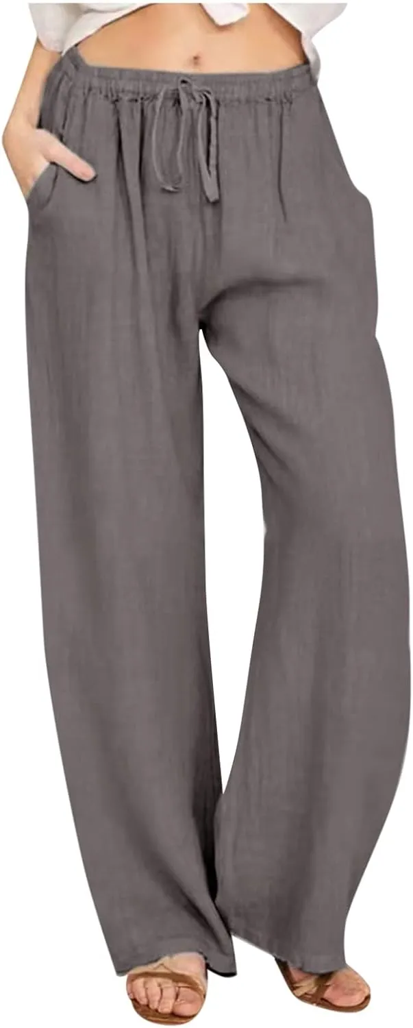 Linen Pants Women Summer Baggy Wide Leg Drawstring Cotton Pants High Waist Lounge Pants Casual Beach Palazzo Trousers