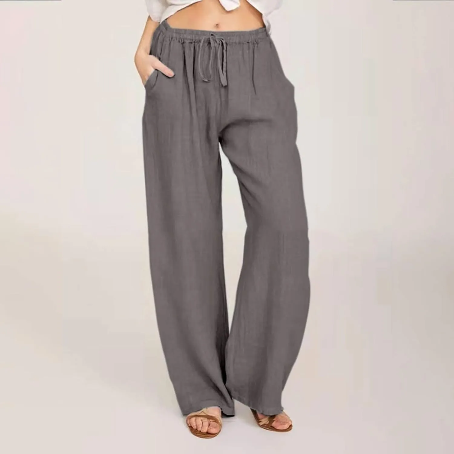 Linen Pants Women Summer Baggy Wide Leg Drawstring Cotton Pants High Waist Lounge Pants Casual Beach Palazzo Trousers