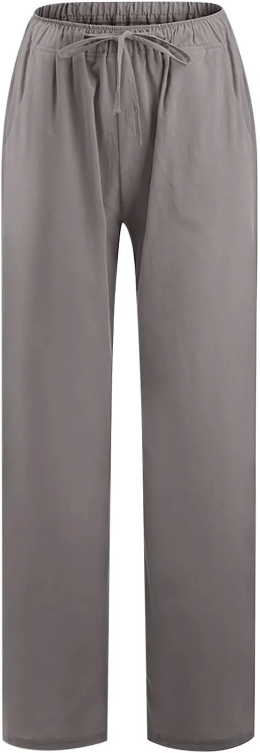 Linen Pants Women Summer Baggy Wide Leg Drawstring Cotton Pants High Waist Lounge Pants Casual Beach Palazzo Trousers