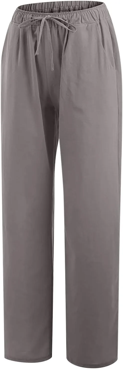 Linen Pants Women Summer Baggy Wide Leg Drawstring Cotton Pants High Waist Lounge Pants Casual Beach Palazzo Trousers