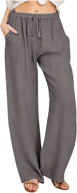 Linen Pants Women Summer Baggy Wide Leg Drawstring Cotton Pants High Waist Lounge Pants Casual Beach Palazzo Trousers