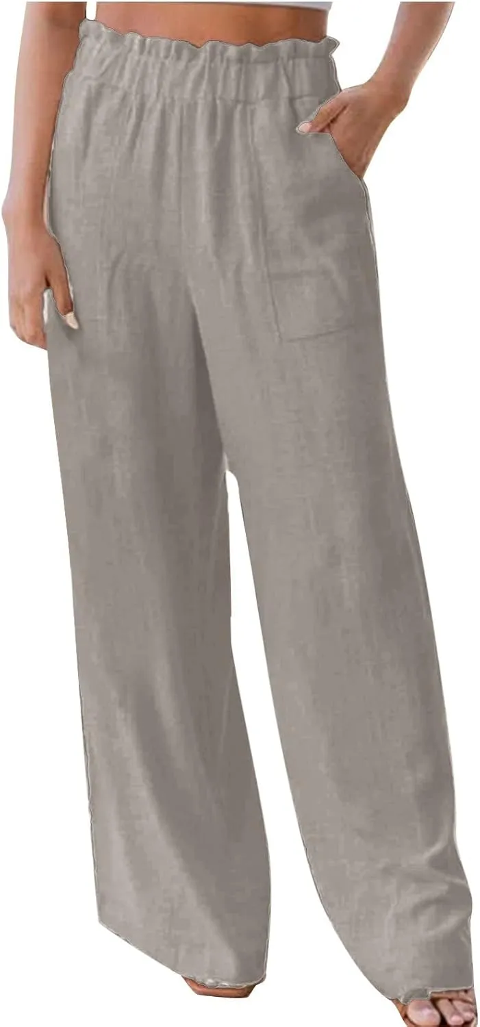 Linen Pants Women Summer Beach High Waisted Cotton Linen Palazzo Pants Wide Leg Long Lounge Pant Trousers with Pockets