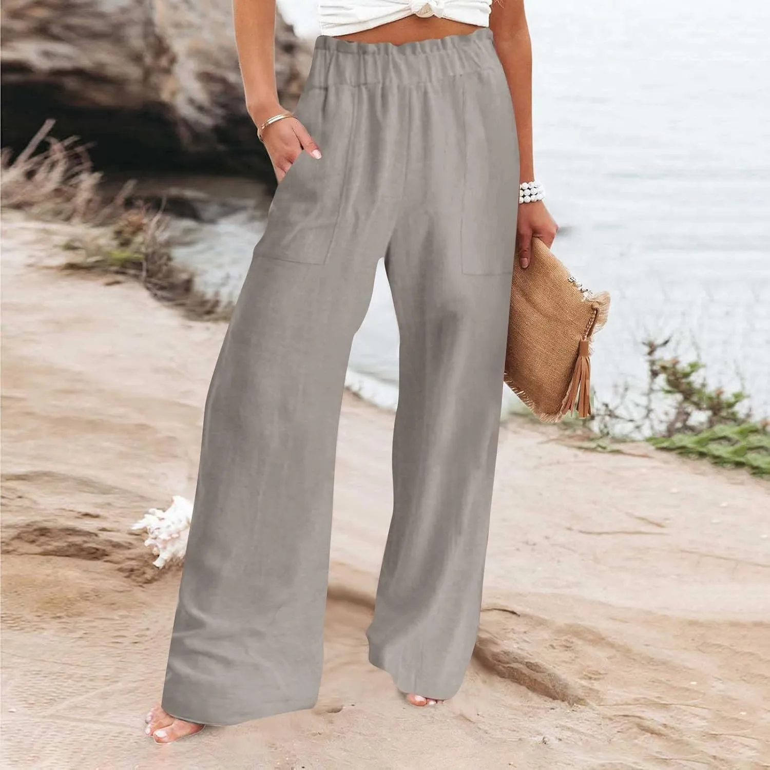 Linen Pants Women Summer Beach High Waisted Cotton Linen Palazzo Pants Wide Leg Long Lounge Pant Trousers with Pockets