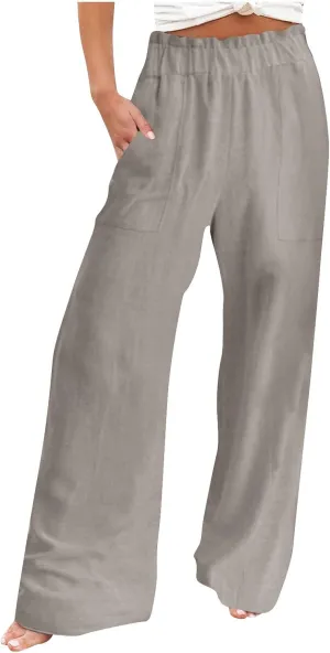 Linen Pants Women Summer Beach High Waisted Cotton Linen Palazzo Pants Wide Leg Long Lounge Pant Trousers with Pockets