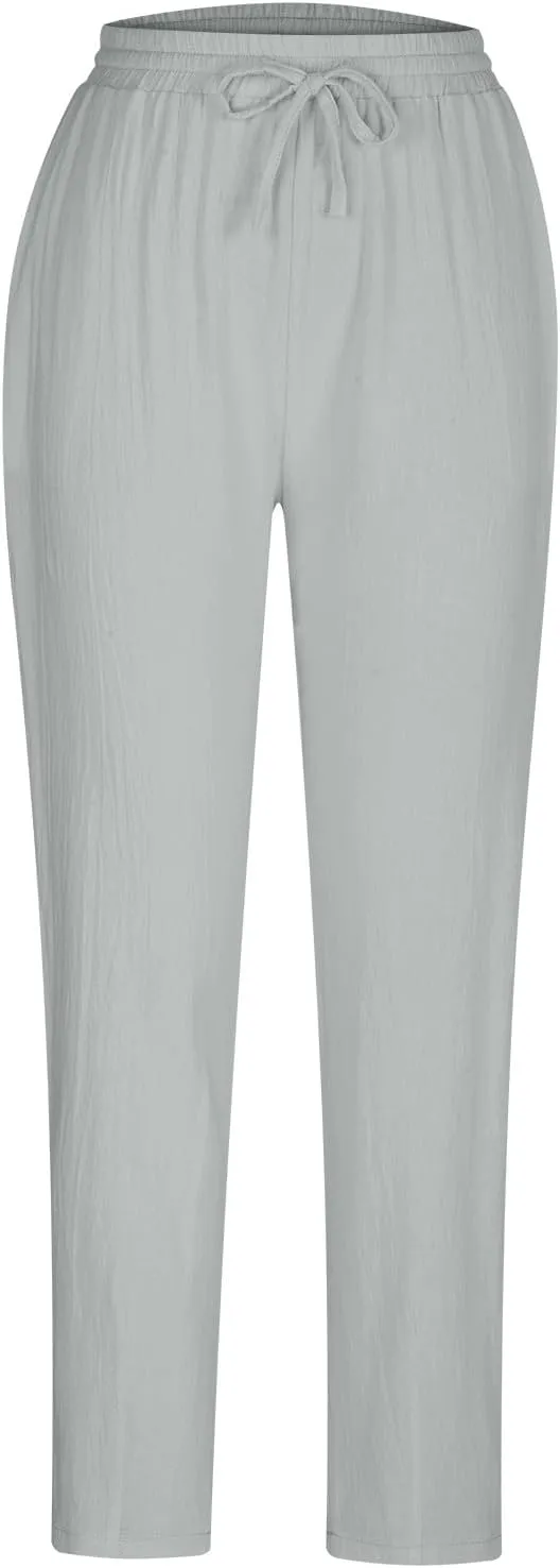 Linen Pants Women Summer Cotton Tapered Pants Drawstring Waist Beach Trousers with Pockets Casual Vacation Outfits
