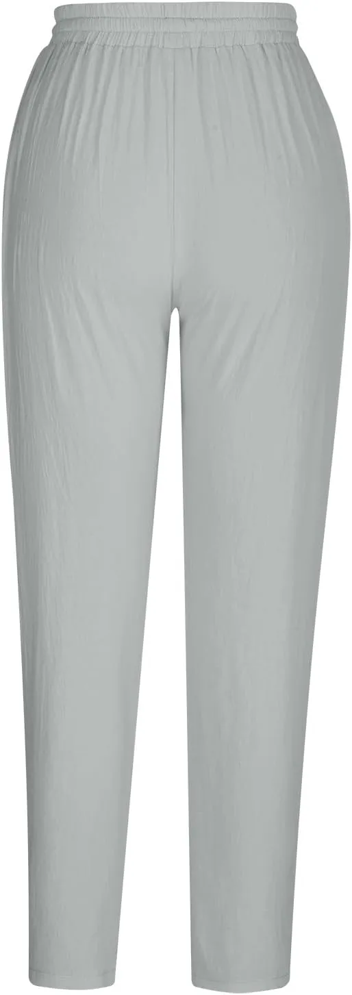 Linen Pants Women Summer Cotton Tapered Pants Drawstring Waist Beach Trousers with Pockets Casual Vacation Outfits