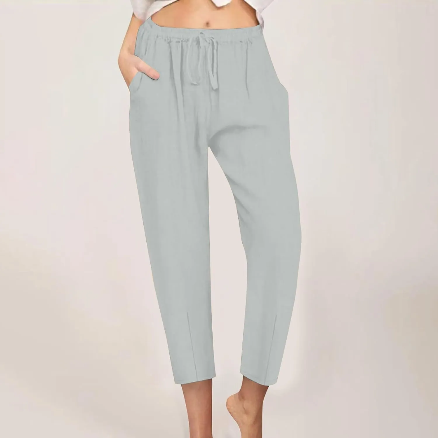 Linen Pants Women Summer Cotton Tapered Pants Drawstring Waist Beach Trousers with Pockets Casual Vacation Outfits