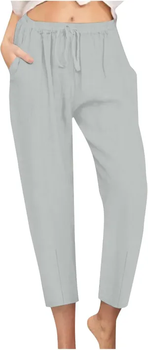 Linen Pants Women Summer Cotton Tapered Pants Drawstring Waist Beach Trousers with Pockets Casual Vacation Outfits